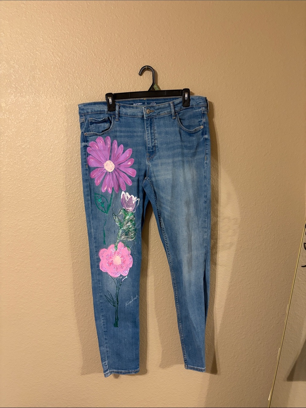 Old Navy Blue Skinny Jeans with Pink Floral Artwork